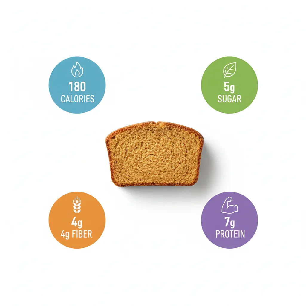 How To Make Healthy Pumpkin Bread That Tastes Amazing 6 Nutritional breakdown of a slice of healthy pumpkin bread with icons showing calories, fiber, and sugar