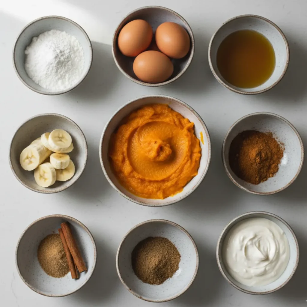 How To Make Healthy Pumpkin Bread That Tastes Amazing 3 Flat lay of healthy pumpkin bread ingredients including pumpkin puree, flour, banana, and spices
