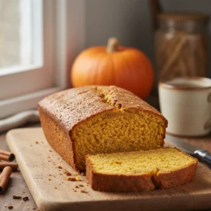How To Make Healthy Pumpkin Bread That Tastes Amazing 7 Healthy pumpkin bread loaf with one slice cut, showing moist interior