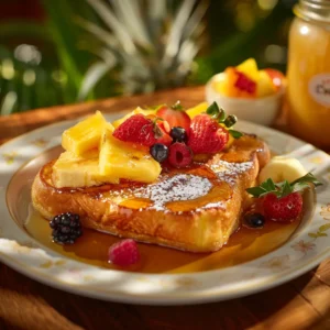 Irresistibly Golden Hawaiian Roll French Toast 5 Golden Hawaiian Roll French Toast with pineapple chunks, strawberries, raspberries, and blueberries, dusted with powdered sugar and maple syrup, served with a glass of orange juice.