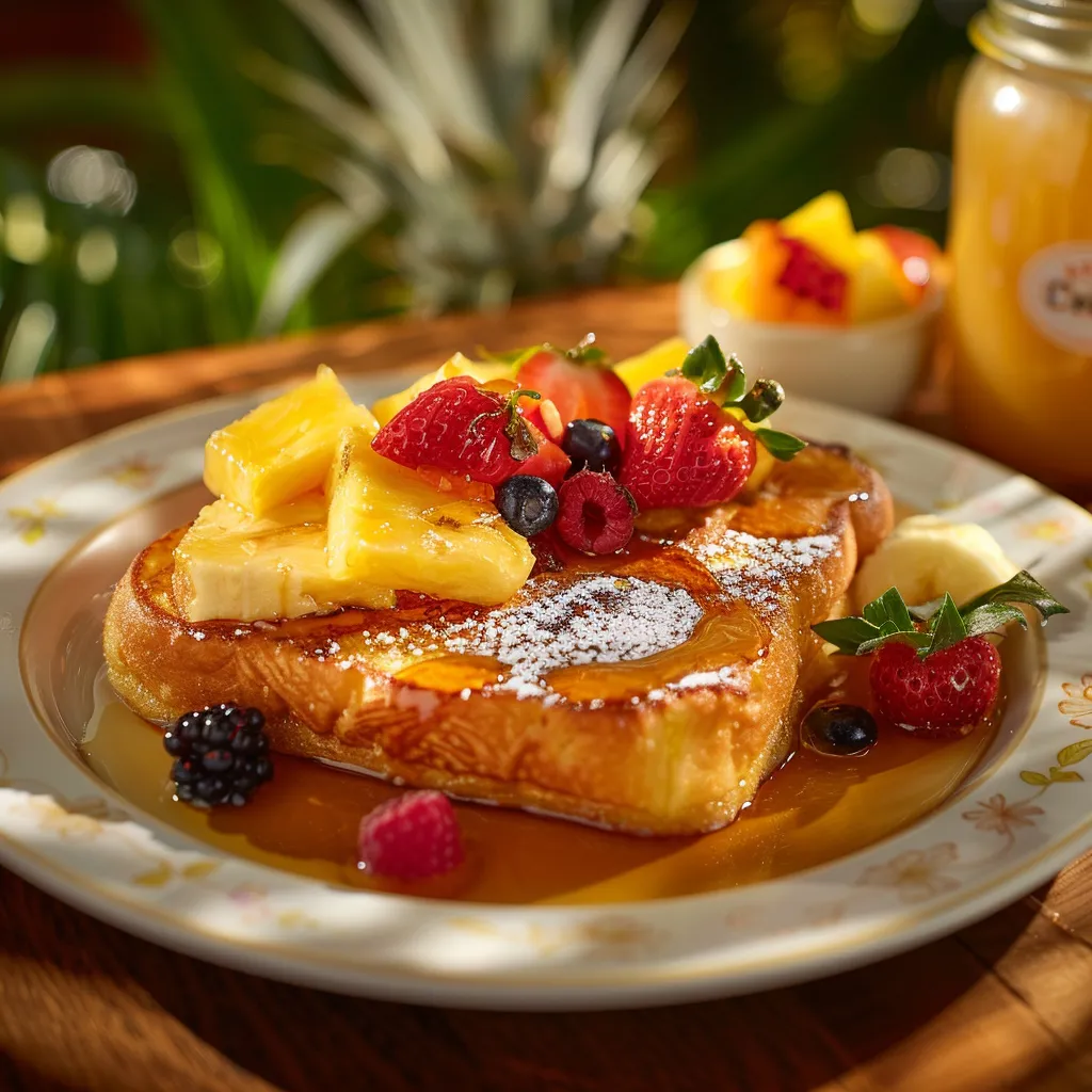 Irresistibly Golden Hawaiian Roll French Toast 4 Golden Hawaiian Roll French Toast with pineapple chunks, strawberries, raspberries, and blueberries, dusted with powdered sugar and maple syrup, served with a glass of orange juice.