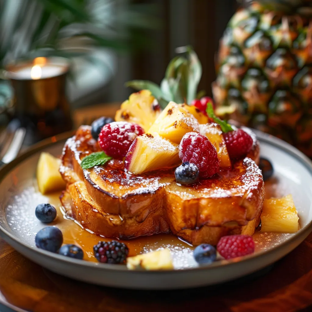 Irresistibly Golden Hawaiian Roll French Toast 3 Stack of caramelized French toast slices topped with raspberries, blueberries, and pineapple, lightly dusted with sugar and garnished with mint leaves, with a pineapple in the background.