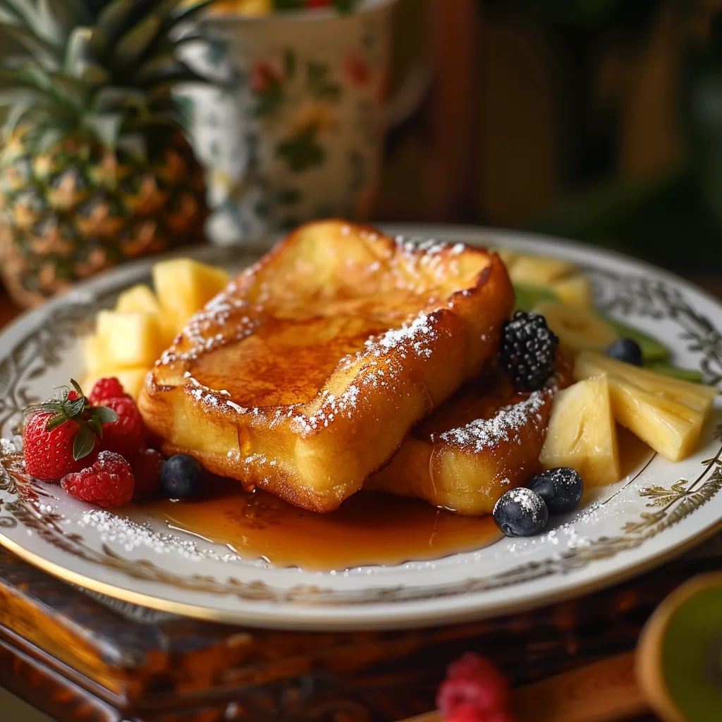 Irresistibly Golden Hawaiian Roll French Toast 2 Classic French toast on a vintage plate, served with maple syrup, fresh berries, and pineapple pieces, in a warm tropical breakfast ambiance.