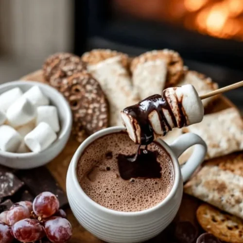 Hot Chocolate Charcuterie Board Idea 2 A beautifully arranged hot chocolate charcuterie board with marshmallows and toppings.