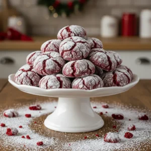 Red Velvet Crinkle Cookies Recipe: Soft, Chewy & Festive Treat 6 Red Velvet Crinkle Cookies on a white cake stand with powdered sugar