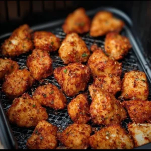 Air Fryer Chicken Bites 2 Crispy air fryer chicken bites served in a bowl