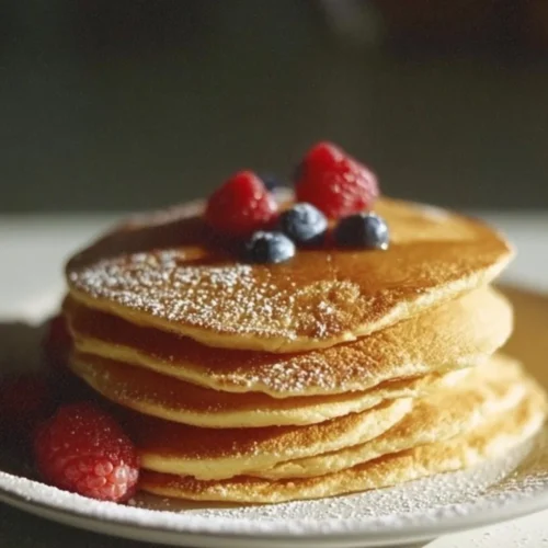 Almond Flour Pancakes 2 Fluffy almond flour pancakes stacked with fresh berries.