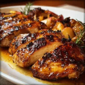 Apple Cider Chicken 2 Delicious Apple Cider Chicken garnished with herbs and served with vegetables.