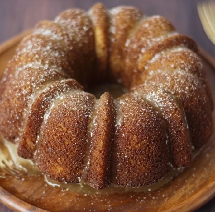 Deliciously moist Apple Cider Donut Cake topped with cinnamon and sugar