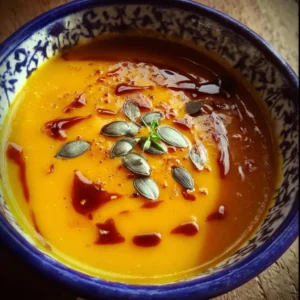 Autumn-Spiced Roasted Pumpkin Soup 2 Bowl of autumn-spiced roasted pumpkin soup garnished with herbs.