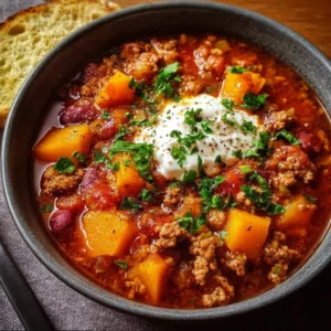 Autumn Turkey & Butternut Squash Chili 2 Bowl of Autumn Turkey Chili with Butternut Squash and spices