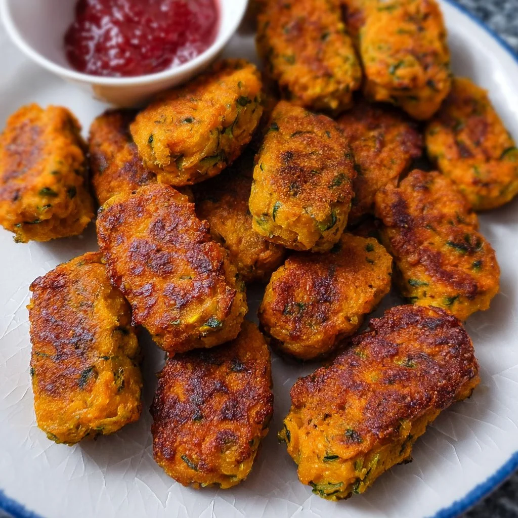 Baked sweet potato zucchini tots on a plate, a healthy snack option