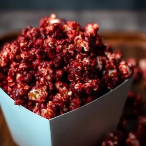 Bloody Red Velvet Popcorn 2 Bloody Red Velvet Popcorn topped with vibrant red chocolate and sprinkles.