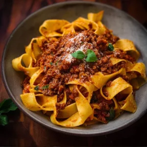 Bolognese Sauce with Pappardelle Pasta 2 Delicious Bolognese sauce served with pappardelle pasta on a plate