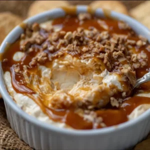Caramel apple cheesecake dip recipe 2 Delicious caramel apple cheesecake dip served in a bowl with apple slices.