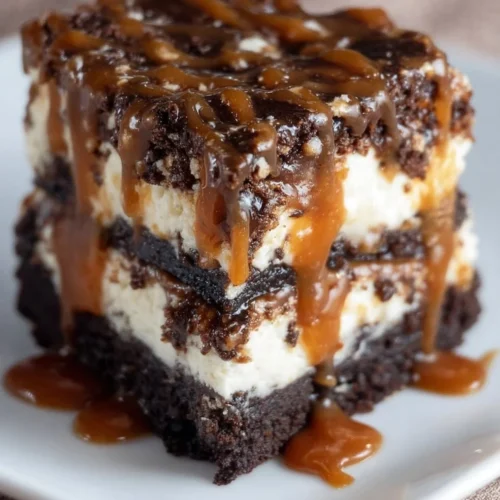 Delicious caramel brownie cheesecake with a rich chocolate layer and creamy topping.