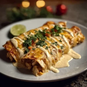Cheesy Chicken Enchiladas with Creamy Sauce 2 Baked cheesy chicken enchiladas topped with creamy sauce and cheese