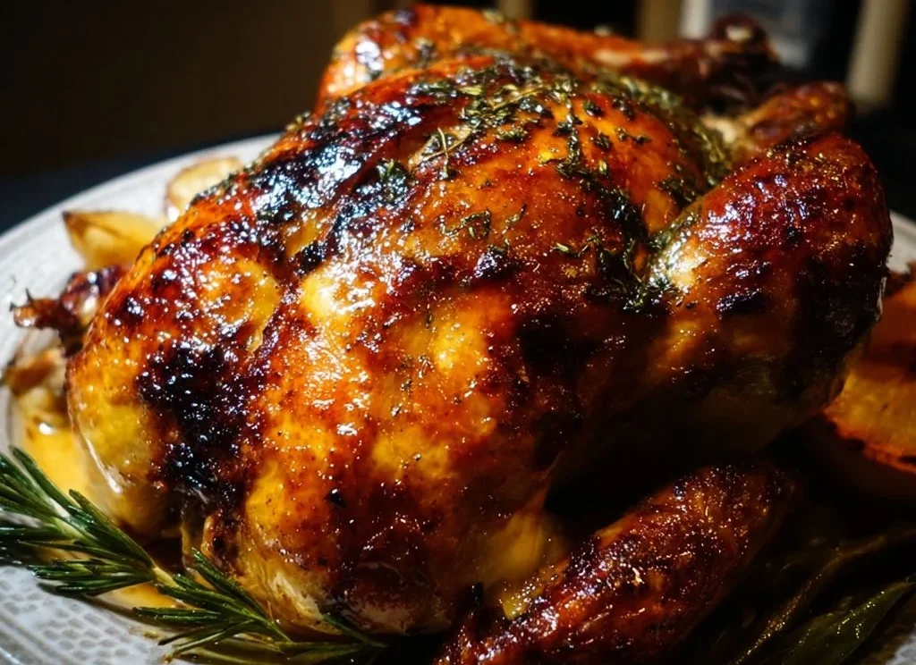 Cider Brined Roast Chicken 1 Cider Brined Roast Chicken garnished with herbs and served on a platter