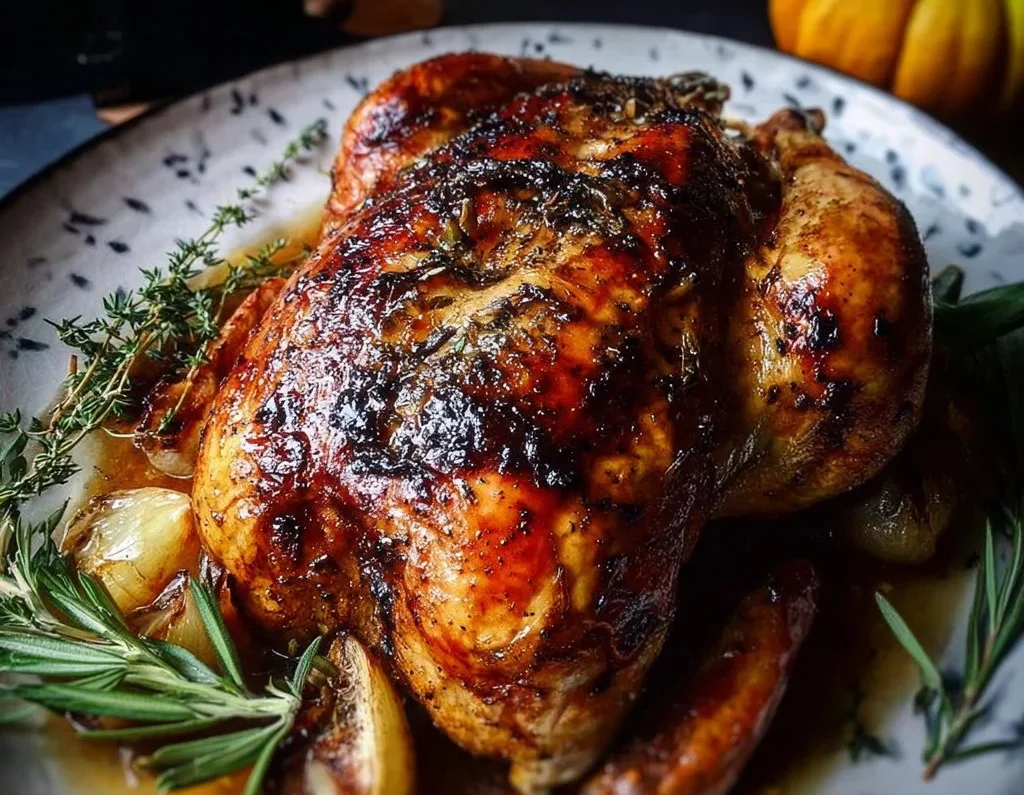 Cider Brined Roast Chicken 1 Juicy cider brined roast chicken served with herbs and spices on a rustic table