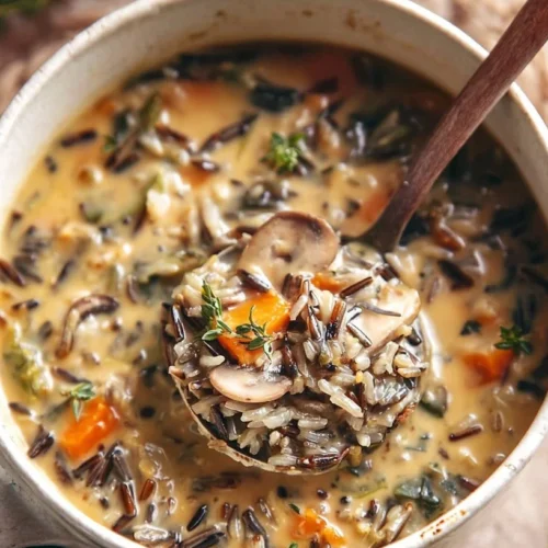 Bowl of cozy autumn wild rice soup with vegetables and herbs