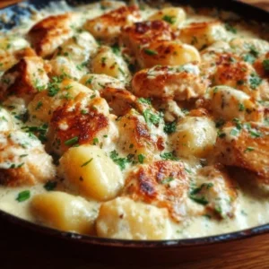 Creamy Garlic Chicken Gnocchi Skillet 2 Creamy Garlic Chicken Gnocchi Skillet with chicken and herbs in a skillet