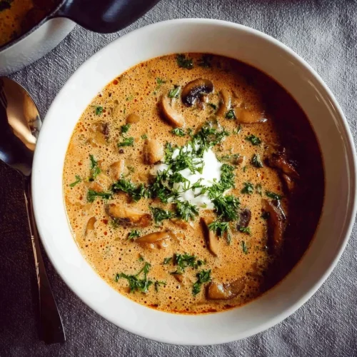 Creamy Hungarian Mushroom Soup 2 Bowl of creamy Hungarian mushroom soup garnished with parsley.