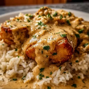Creamy smothered chicken served with rice on a plate.