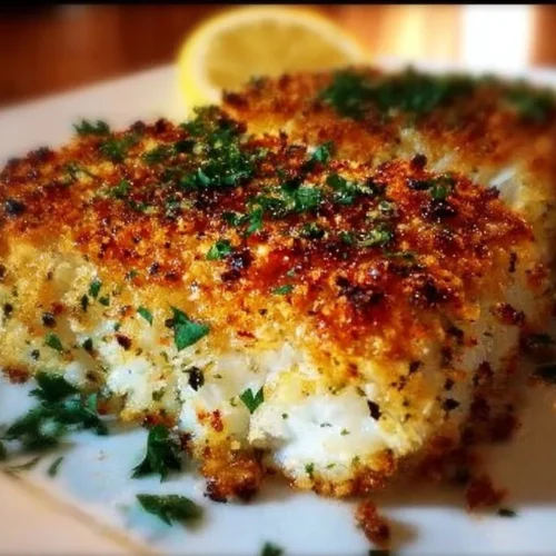 Crispy Garlic Parmesan Halibut 2 Crispy garlic parmesan halibut served on a plate with garnishes