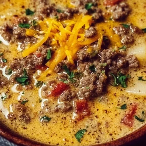 Bowl of creamy Crockpot cheeseburger soup topped with cheese and herbs