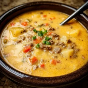 Crockpot Cheeseburger Soup 2 Delicious bowl of crockpot cheeseburger soup topped with cheese and herbs