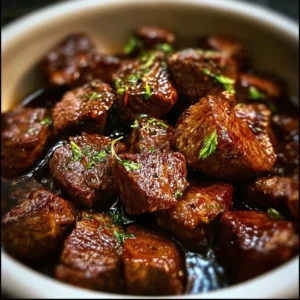 Crockpot Steak Bites 2 Delicious Crockpot steak bites served in a bowl with herbs