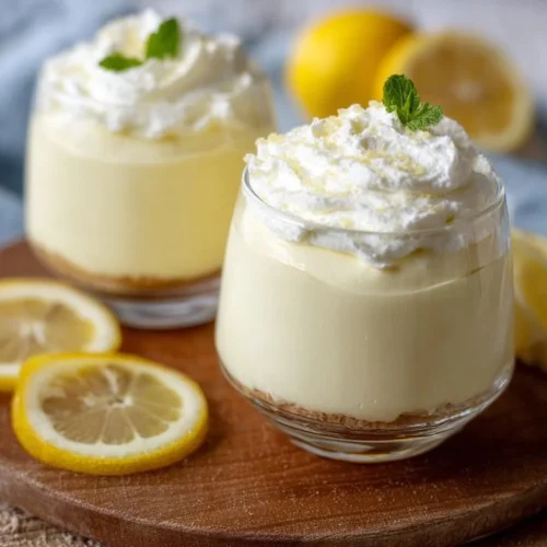 Easy Creamy Lemon Mousse 2 Creamy lemon mousse served in a glass with lemon slices for garnish
