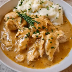 Easy Crockpot Chicken and Gravy 2 Easy Crockpot Chicken and Gravy served on a plate with vegetables