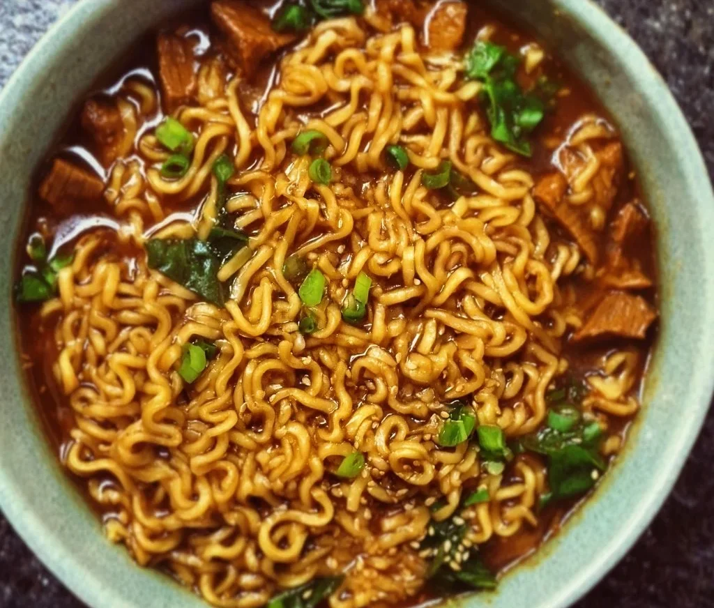 Delicious bowl of easy saucy ramen noodles garnished with green onions and sesame seeds.