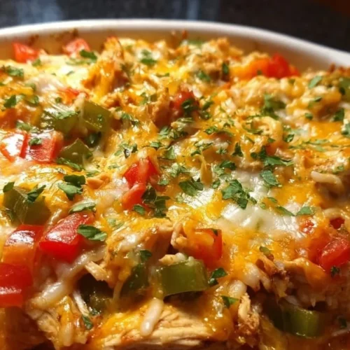 Fajita Chicken Casserole 2 Fajita Chicken Casserole topped with peppers and cheese, served in a baking dish.
