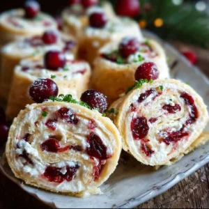 Festive Christmas Cranberry Roll Ups 2 Festive Christmas Cranberry Roll Ups served on a holiday platter