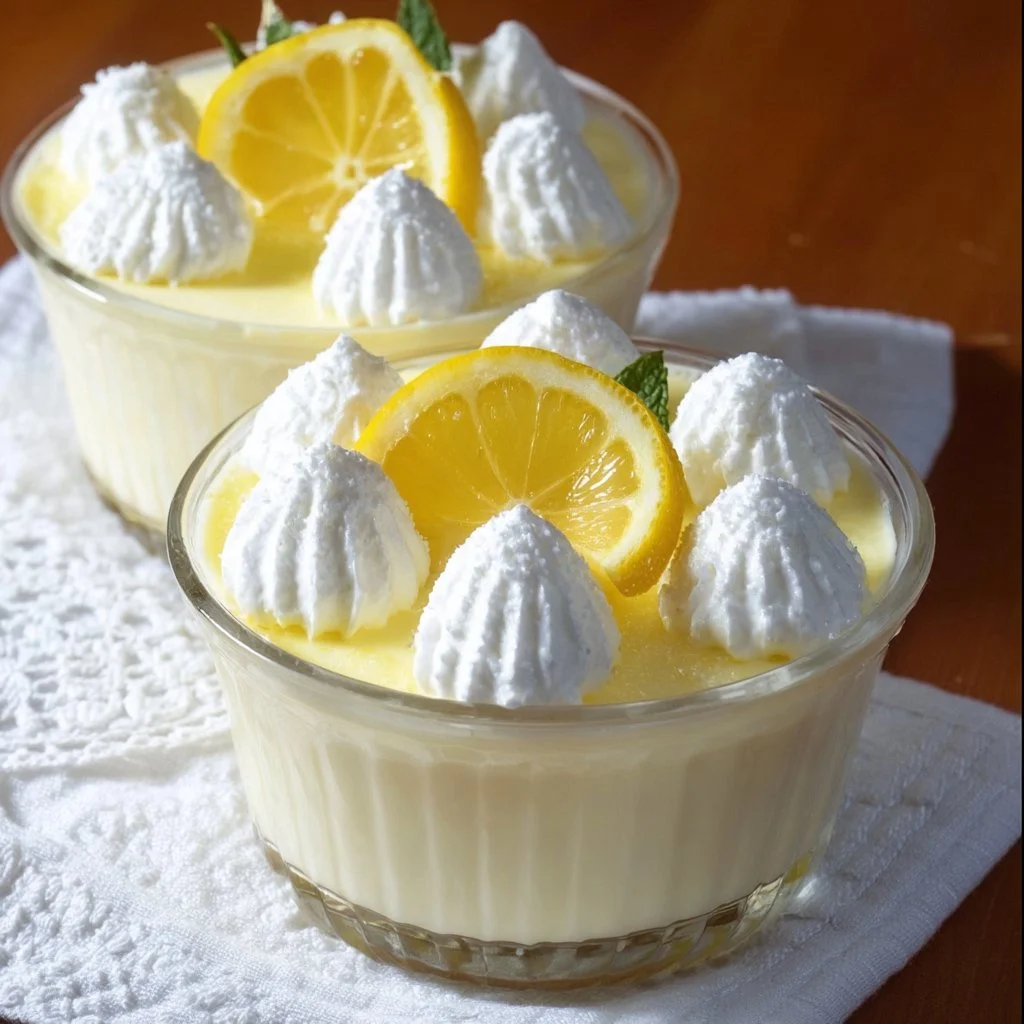 Fresh Lemon Mousse 1 A bowl of fresh lemon mousse topped with lemon zest and mint leaves.