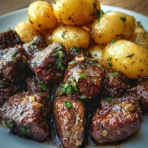 Garlic Butter Beef Bites with Potatoes 2 Delicious Garlic Butter Beef Bites with roasted potatoes on a plate.