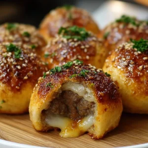 Garlic Parmesan Cheeseburger Bombs Recipe 2 Garlic Parmesan Cheeseburger Bombs served on a plate with dipping sauce