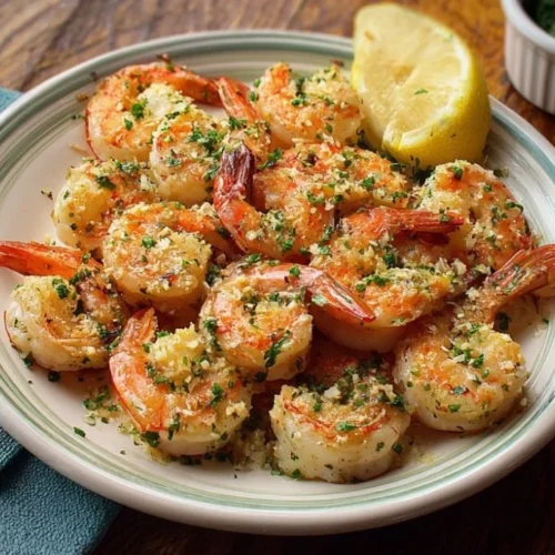 Garlic Parmesan Roasted Shrimp Recipe 2 Delicious Garlic Parmesan Roasted Shrimp served on a plate with herbs.
