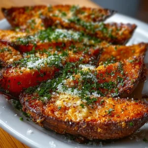 Garlic Parmesan Sweet Potato Wedges 2 Crispy Garlic Parmesan Sweet Potato Wedges on a plate garnished with herbs
