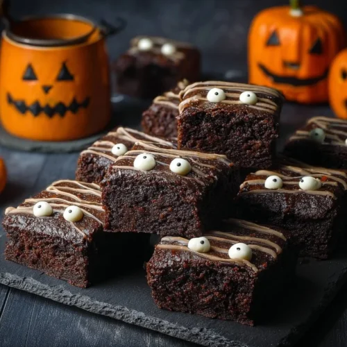 Halloween brownies with spooky decorations for festive celebrations.
