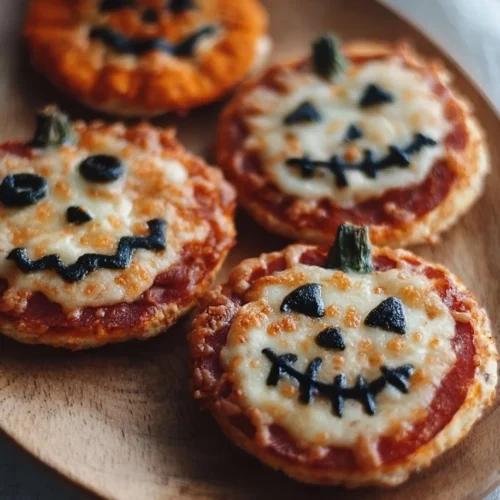 Halloween Mini Pizzas 2 Halloween mini pizzas decorated for a spooky celebration
