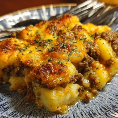 Delicious Hamburger Potato Casserole in a baking dish with melted cheese