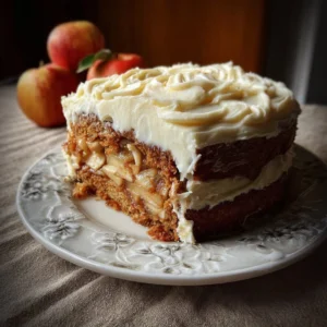 Irresistible Fresh Apple Cake with Dreamy Cream Cheese Frosting 2 Irresistible fresh apple cake with cream cheese frosting on a white plate