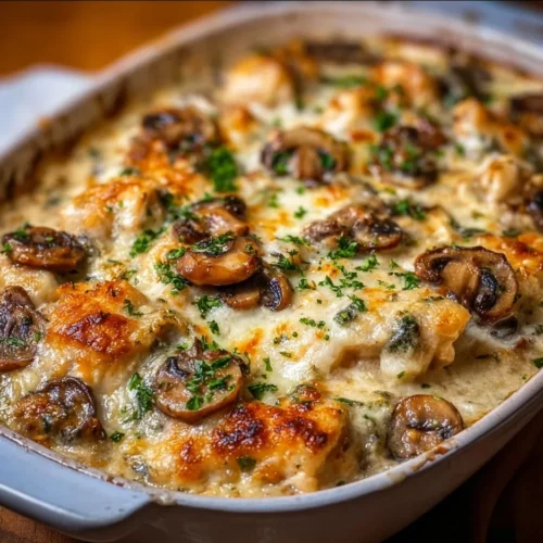 Keto Garlic Mushroom Chicken Casserole 2 Delicious Keto Garlic Mushroom Chicken Casserole with creamy sauce and herbs.