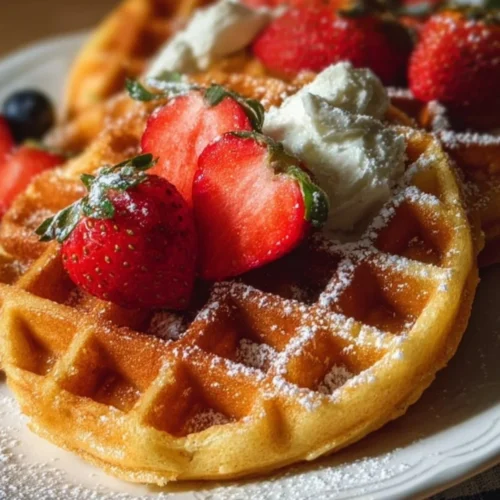 Crispy on the Outside, Fluffy Inside: The Best Keto Waffles 2 Plate of fluffy Keto Waffles topped with berries and syrup