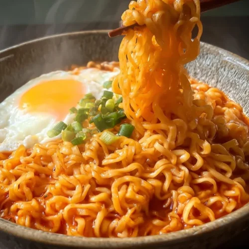 Korean spicy ramen noodles with cheese served in a bowl