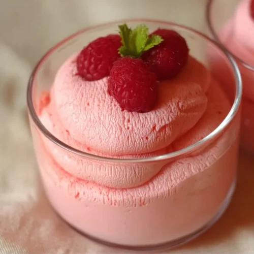 Light and Airy Raspberry Mousse 2 Light and airy raspberry mousse dessert topped with fresh raspberries