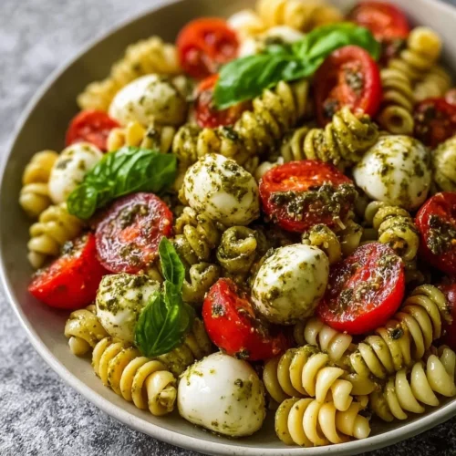 Light and Creamy Pesto Caprese Pasta Salad: An Incredible 5-Ingredient Recipe 2 Light and creamy pesto Caprese pasta salad served in a bowl with fresh ingredients.